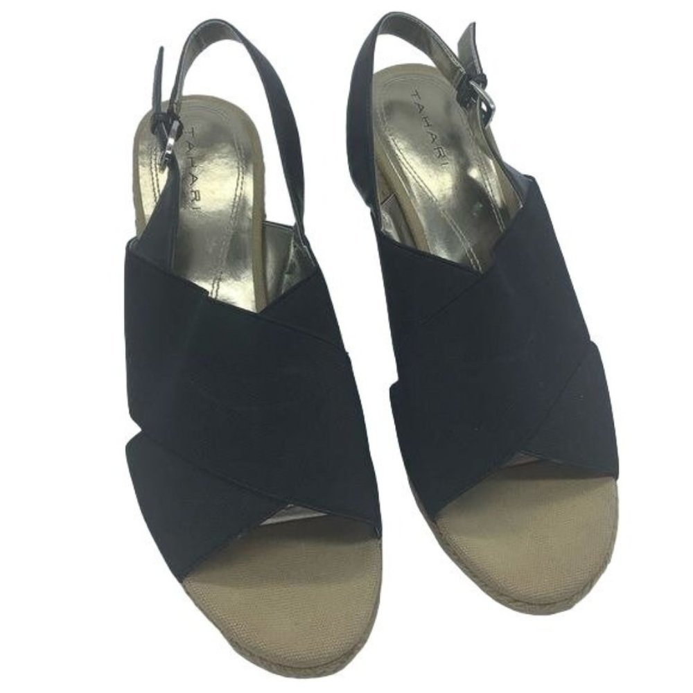 Tahari WANDA 2.75" Wedge Fashion‎ Sandals Women Size 10 Black Fabric Open Toe